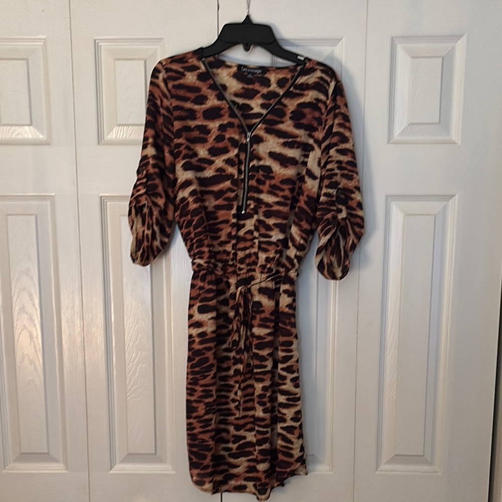 Brown and Black Midi Dress with Ruched Tie Front and Puff Sleeves